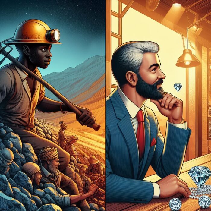 Split image showing an African farmer harvesting in a rural landscape on the left and a businessman in a suit examining a diamond on the right, symbolizing the contrast between producers and global trade markets.