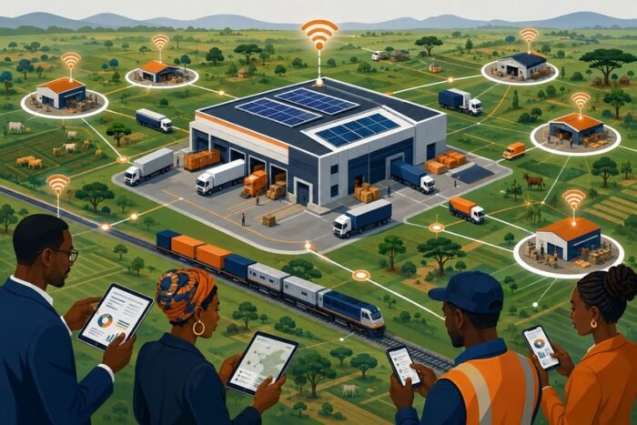 Kenyan agrifood entrepreneurs and smallholder farmers utilizing digital payment systems and mobile technology near a solar-powered industrial cold storage facility in the Kenyan highlands.. DCCI Kenya