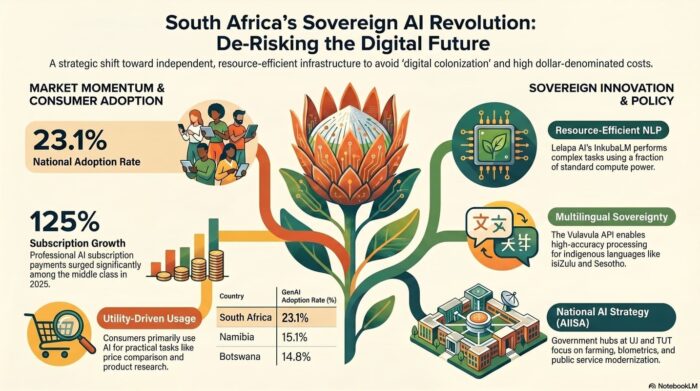 Detailed infographic on South Africa's sovereign AI revolution showcasing the twenty-three percent adoption rate, Lelapa AI multilingual NLP, Vulavula APIs, and the national AIISA strategy. Sovereign AI.