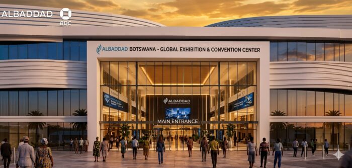 New Botswana City: A Strategic Anchor for Industrial and Digital Sovereignty 1 New Botswana City. Main entrance of the Albaddad Botswana Global Exhibition and Convention Center, showcasing large-scale industrial investment in Gaborone.