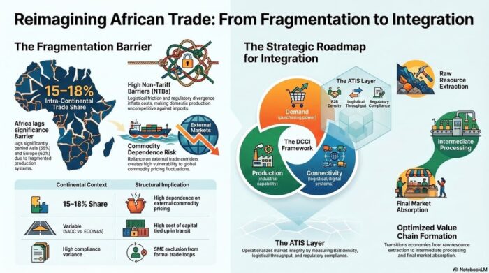 AfCFTA and the Structural Transformation of African Trade Systems 1 AfCFTA. Comprehensive infographic on African trade structural transformation comparing the trade fragmentation barrier with the strategic DCCI and ATIS integration roadmap.