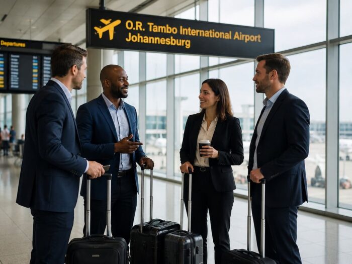 Group of diverse business professionals in formal suits with luggage at O.R. Tambo International Airport in Johannesburg, symbolizing trade missions and executive connectivity in South Africa. Air Connectivity in Africa
