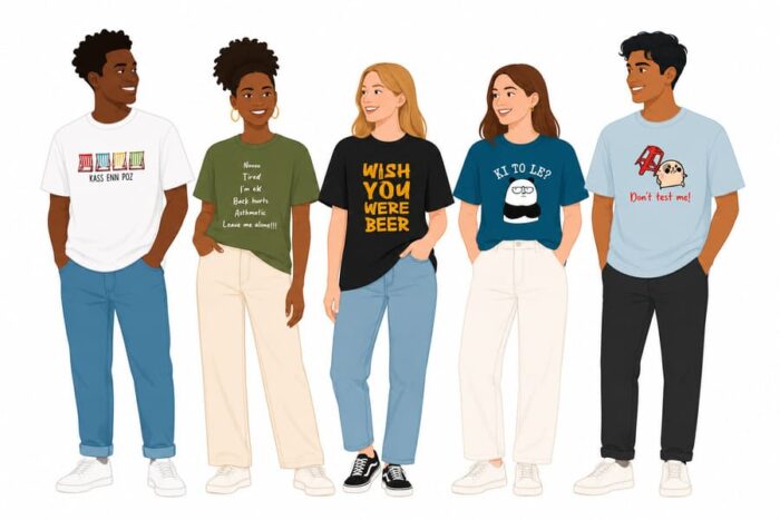 Enlyte: Leading the Sustainable Fashion Revolution in Mauritius 1 Diverse illustrated models wearing Enlyte Mauritius graphic t-shirts, representing the brand's strong connection with local youth culture and internal consumption capacity.