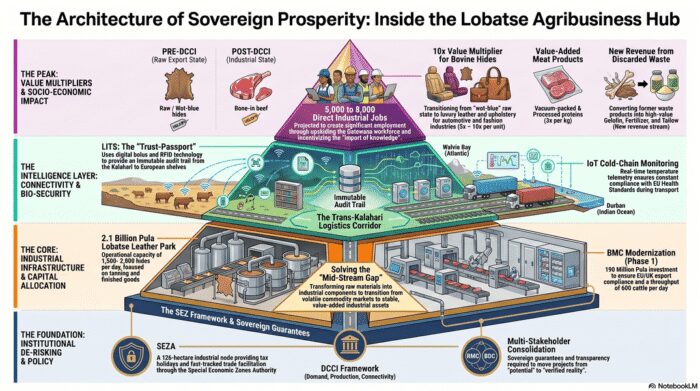 Vertical Integration in SADC Agribusiness: Technical Analysis of the Lobatse Industrial Hub 1 Detailed infographic titled The Architecture of Sovereign Prosperity showcasing the Lobatse Agribusiness Hub value chain, including LITS traceability, BMC modernization, and the 10x value multiplier for leather and meat products under the DCCI framework in Botswana.