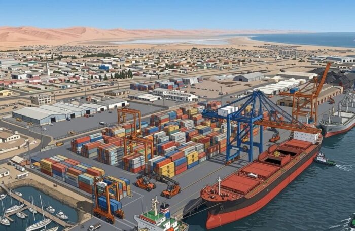 The Atlantic Gateway: A Strategic Analysis of Namport and Namibia’s Logistical Sovereignty 1 Detailed illustration of the Port of Walvis Bay new container terminal, showcasing Namibia’s industrial-grade infrastructure and logistical capacity for global B2B trade.