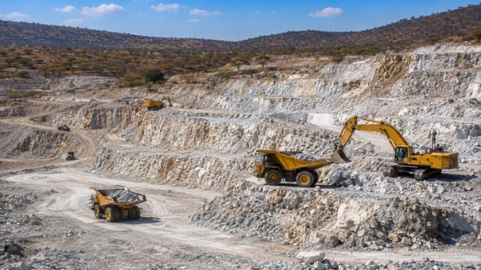 Sourcing Critical Minerals in Africa: SADC Guide | ProdAfrica 1 Alt Text (Texto Alternativo - Inglés): A high-quality photorealistic wide shot of an active open-cast lithium mine with terraced steps in Zimbabwe, illustrating the extraction of critical minerals in Africa.
