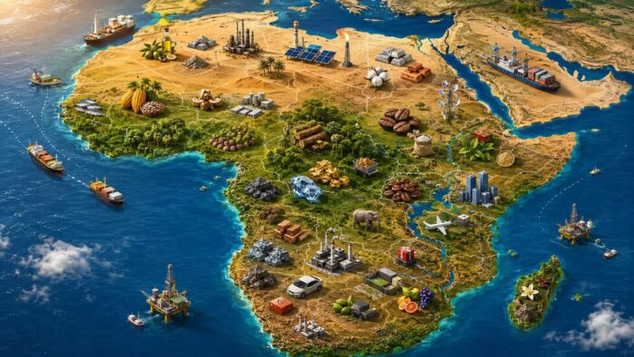 A detailed 3D rendering of the African continent mapping industrial and agricultural assets, helping European trade agencies in Africa identify secure sourcing corridors.