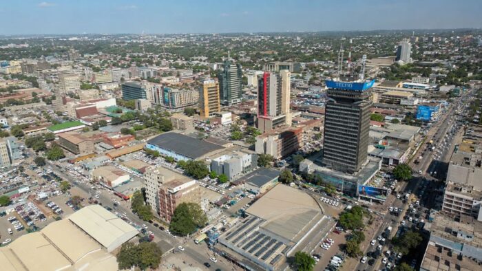 Doing business in Zambia. Aerial view of downtown Lusaka commercial buildings and central business district in Zambia