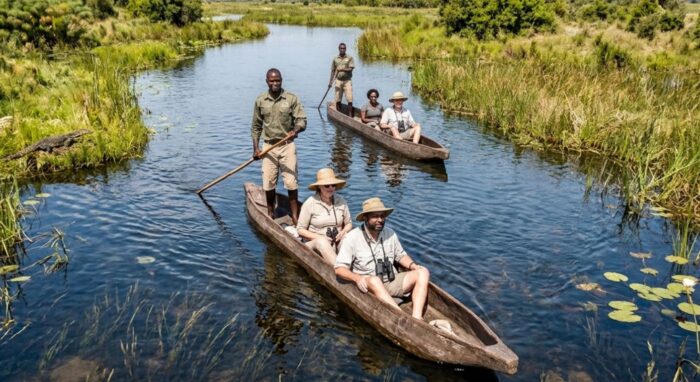 Local experts guiding a premium safari in the Okavango Delta, showcasing Botswana's high-integrity eco-tourism infrastructure, specialized employment, and ESG compliance.