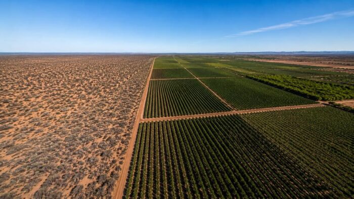 Aerial view of the Selebi-Phikwe agro-industrial hub in Botswana, showcasing the contrast between the semi-arid landscape and large-scale irrigated citrus production.